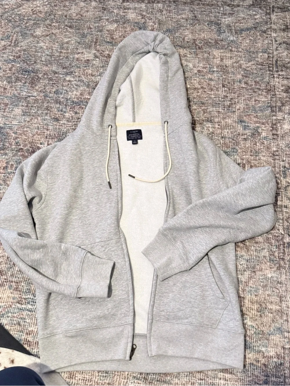 J. Crew Heather Gray Zip-Up Hoodie with Cream Drawcords